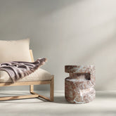 Sculpted Sands Travertine Stone Finish Italian Design MGO Side Accent Table, size 14 in. x 14 in. x 18 in., Perfect for both indoor and outdoor spaces.